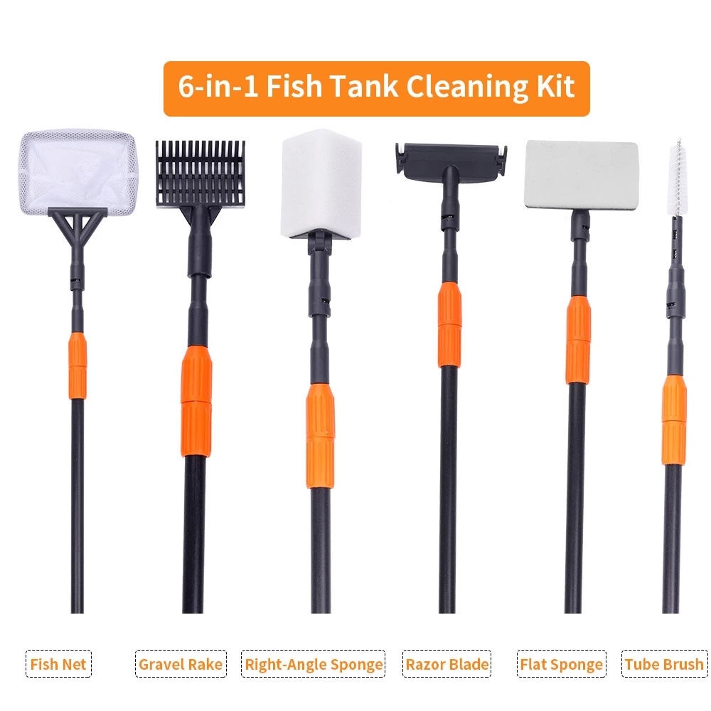 Marine Aquarium Glass Cleaner - ชุดอุปกรณ์ทำความสะอาดตู้ปลา 6 in 1 ชุดคีมหนีบตู้ปลา ตาข่ายกรองตะกอน