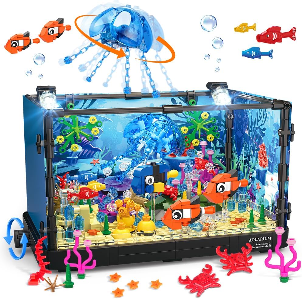 Marine Aquarium Cube - ชุดบล็อกตู้ปลาพร้อมไฟ พิพิธภัณฑ์สัตว์น้ํา ชีวิตทางทะเล ถัง Eco Shark